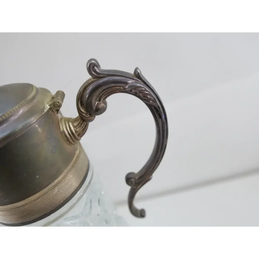 Vintage Glass Claret Carafe Pitcher Ewer Diamond Cut Silver Plate Lid Handle 14